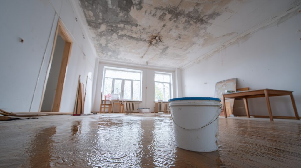 A room with severe water damage, featuring ceiling stains and a water-soaked floor, with repair tools and a bucket.