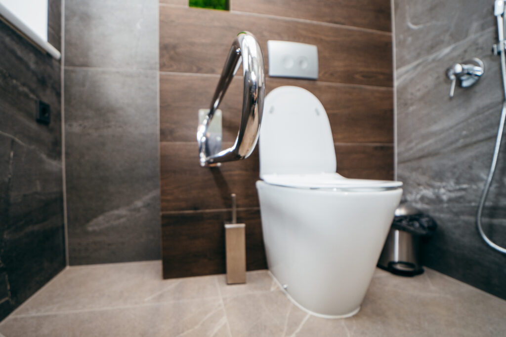 Interior of modern toilet with handrail