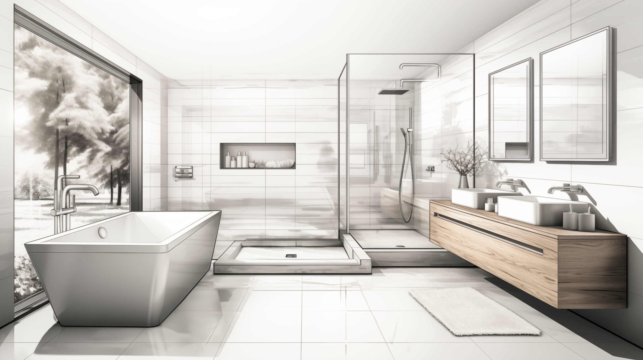 Plan an bathroom with a with bathtub and shower drawing, bathroom pencil drawing vintage.