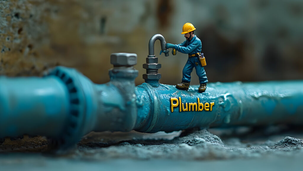 Small figure of a plumber working on a pipe, showcasing the art of plumbing in an engaging and creative way.